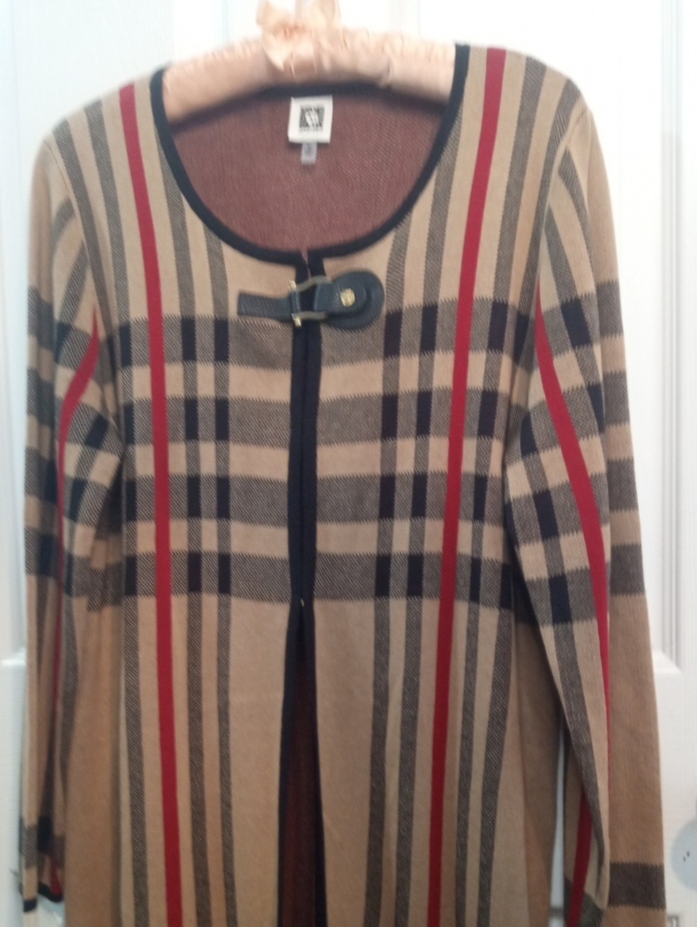 ANNE KLEIN PLAID LONGLINE CARDIGAN